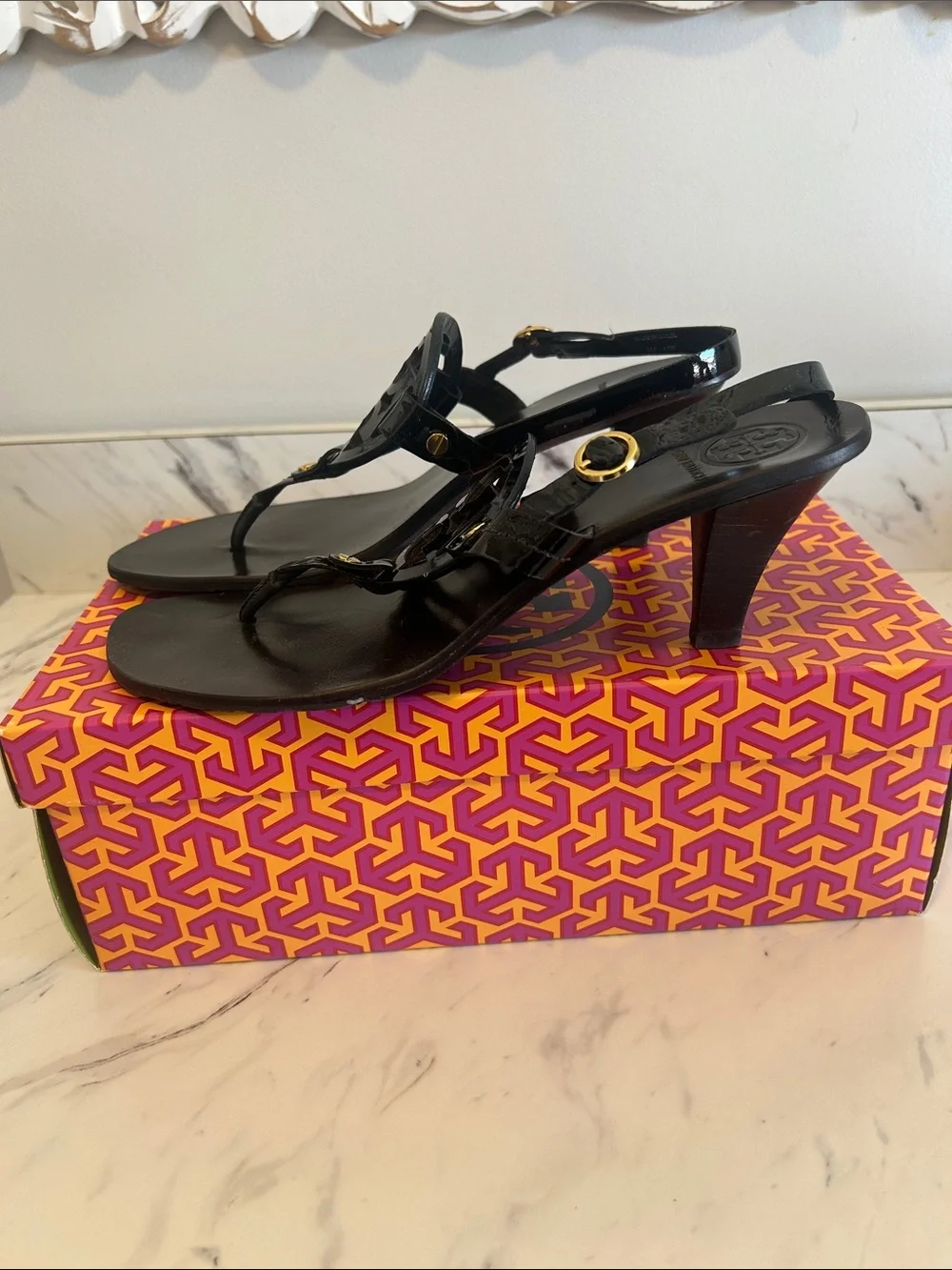 Tory Burch holly black Logo-Sandals with 2 inch heel and Gold Accents